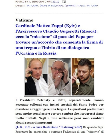 Путин, Папа Римский, Зеленский скан сайта Ватикана Il Sismografo