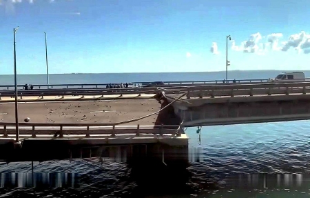 Взорванный пролёт Крымского моста 17 июля 2023